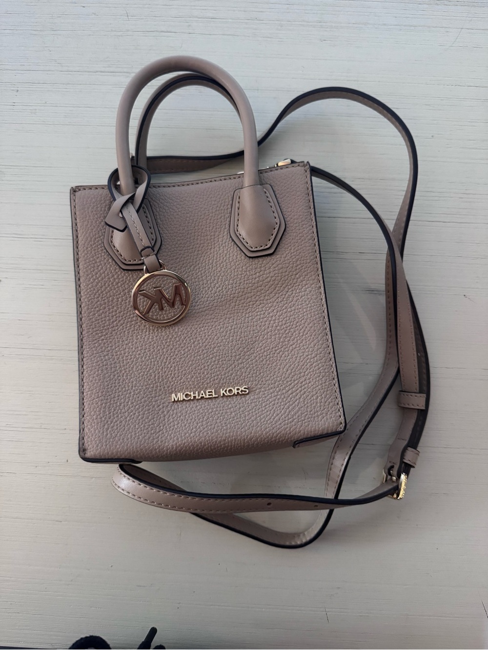MICHAEL KORS Taupe Pebbled Leather Mini Crossbody Tote with Gold Logo